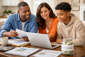 Famliy looking at a computer with financial papers and a jar labeled "College" full of money